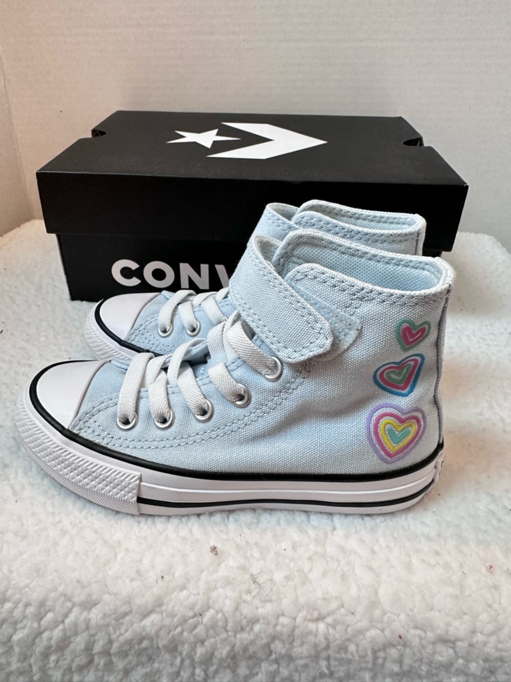 Converse Kids Light Blue High Top Sneakers with Rainbow Heart Accents - Picture 4 of 10